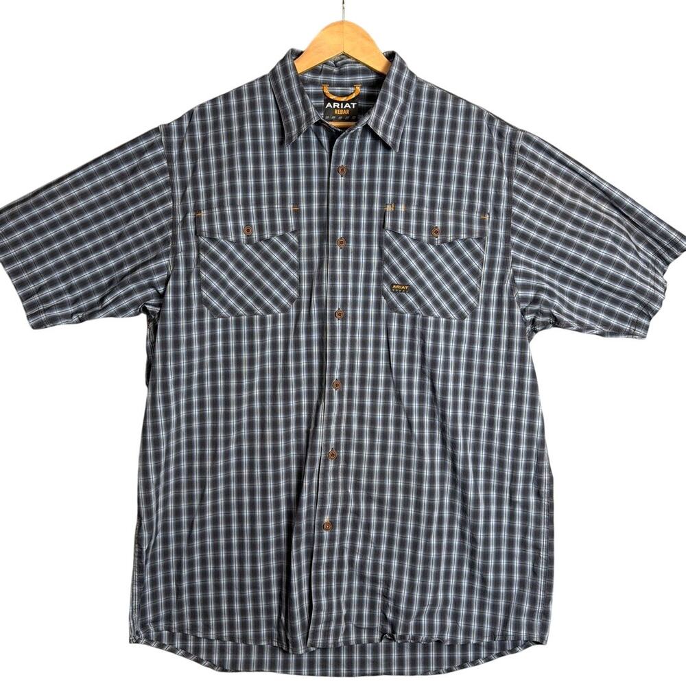Ariat Rebar Work Shirt Mens XL Gray Blue Plaid Short Sleeve Button Up Ranchwear